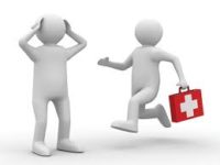 3D character running with first aid supplies.
